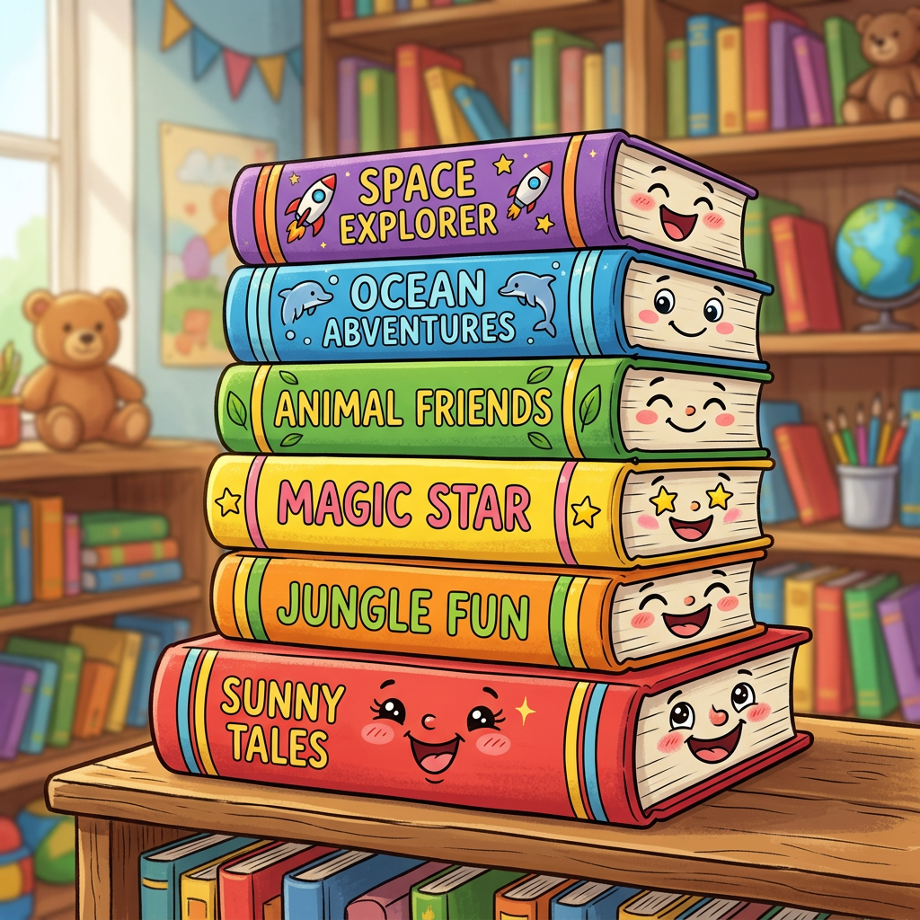 Stack of six colorful children's books with smiling faces and titles like Space Explorer and Jungle Fun